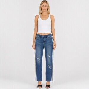 AZI New York Side Stripe Distressed Crop Jeans Size 2 Blue Denim Raw Hem